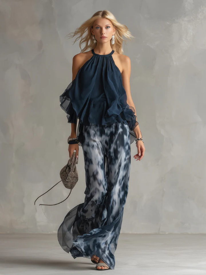 Mila Navy Halter Ruffle Pants Set