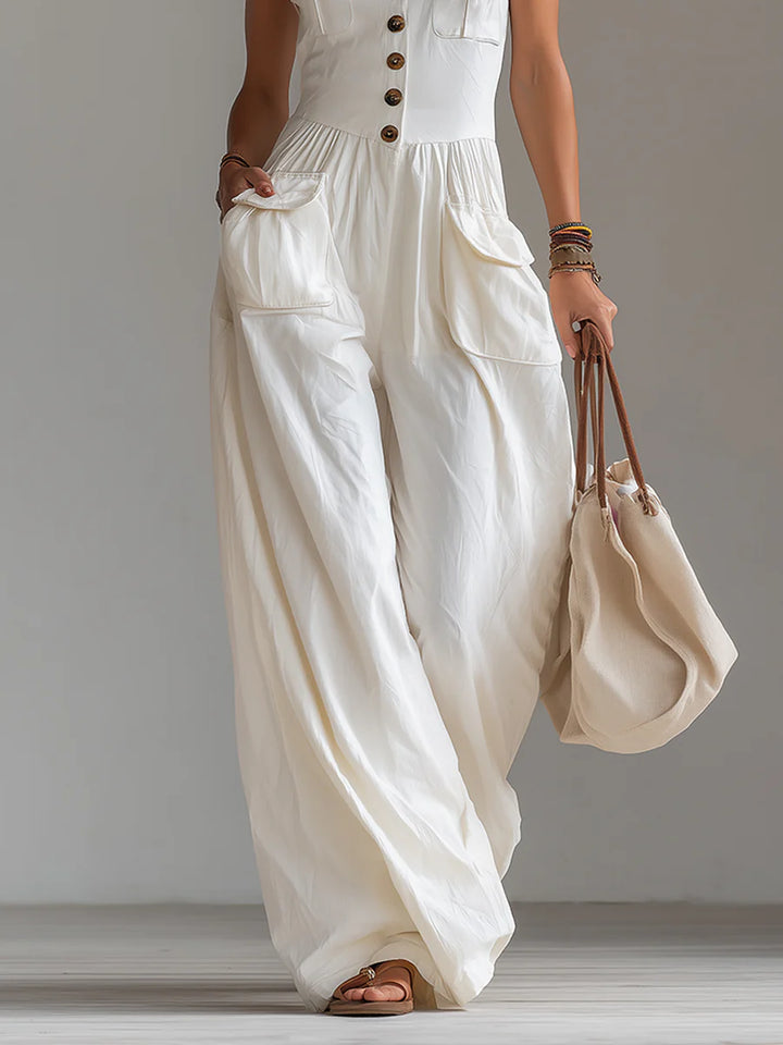 Nadia White Button-Front Jumpsuit