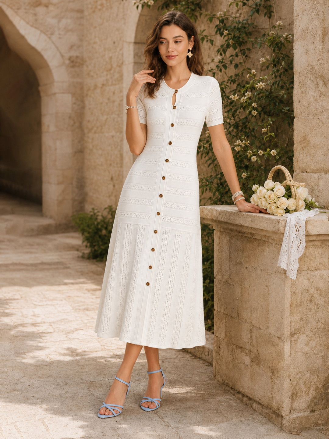 Oceana Button-Front Short-Sleeve Maxi Dress