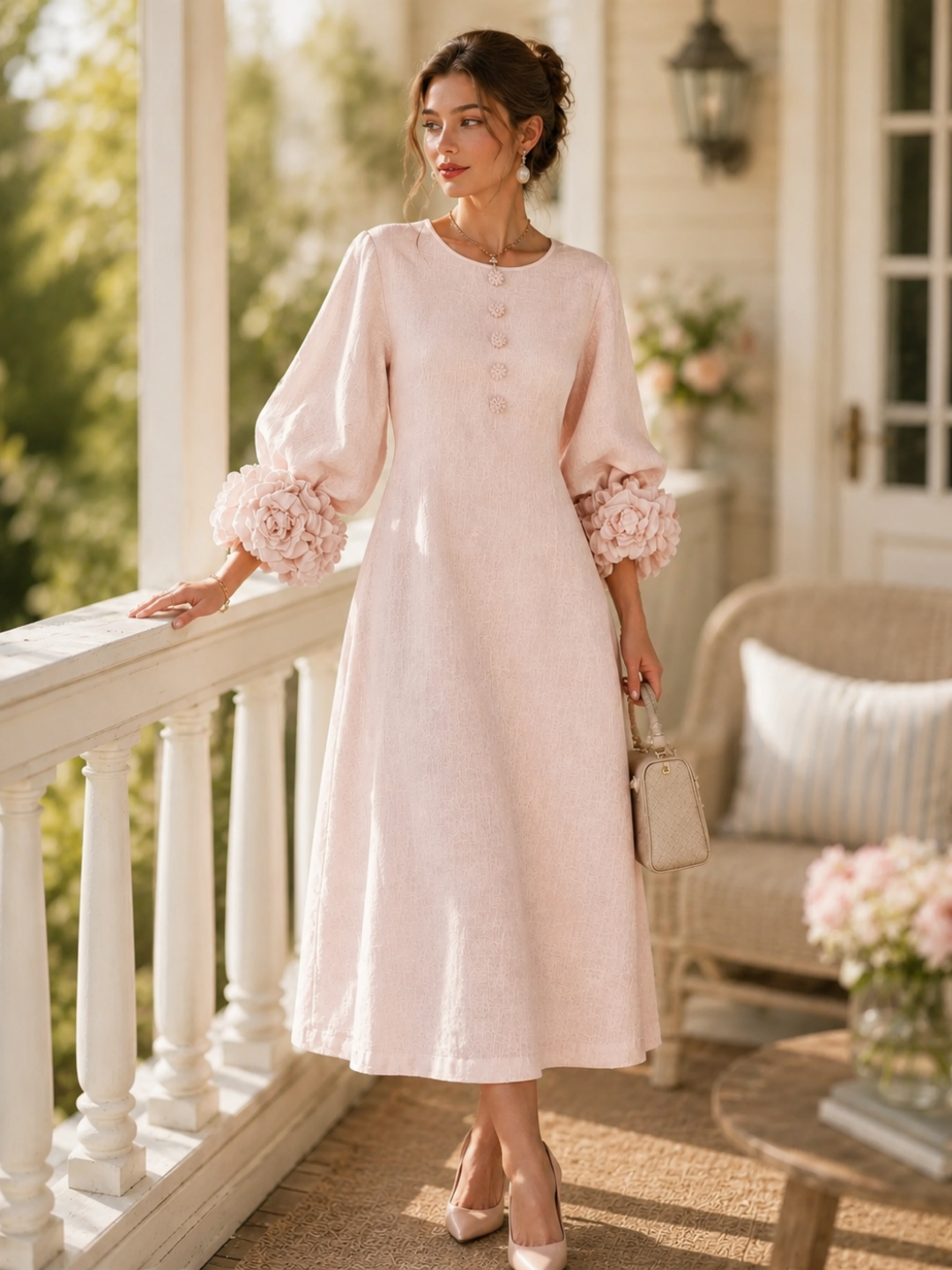 Paloma Puff-Sleeve Button Midi Dress