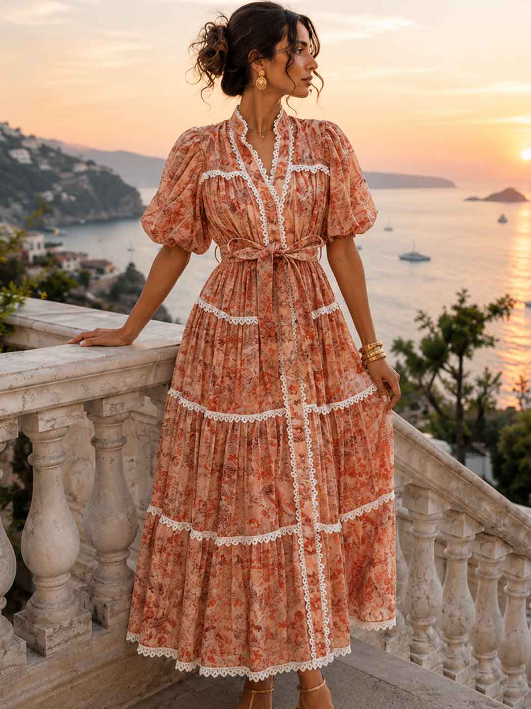 Alessia Embroidered Lace-Trim Maxi Dress - Orange