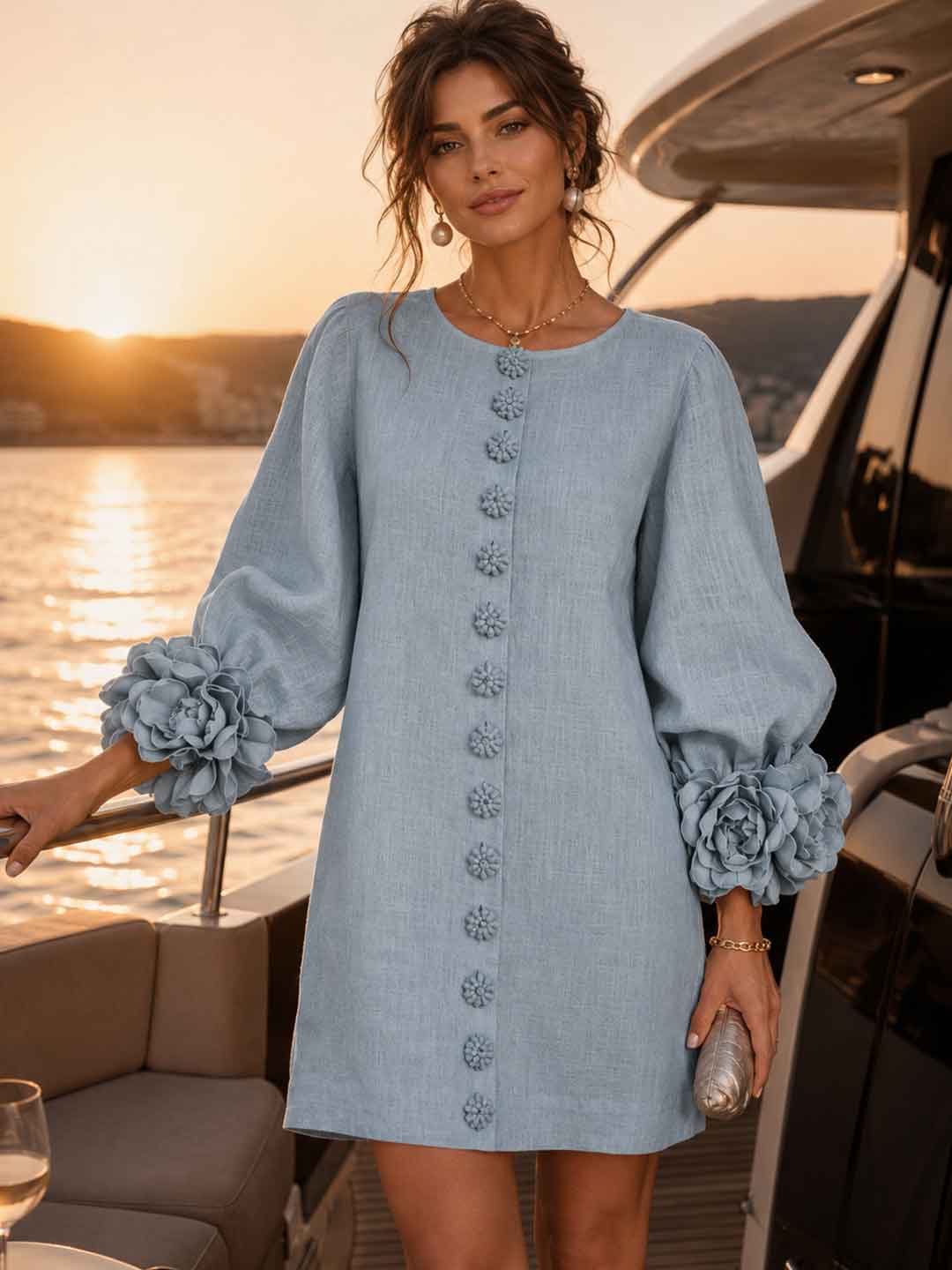 Rosalia Sky Blue Floral-Cuff Button Mini Dress