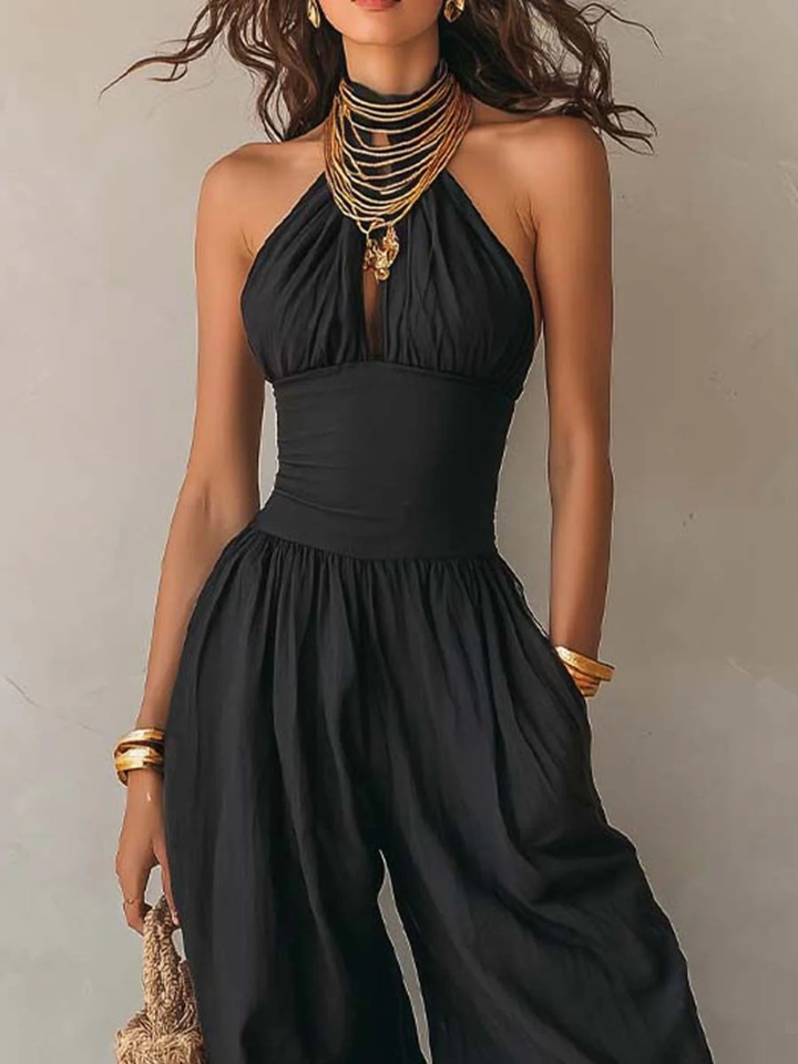 Selene Bohemian Halter Keyhole Balloon-Leg Jumpsuit - White