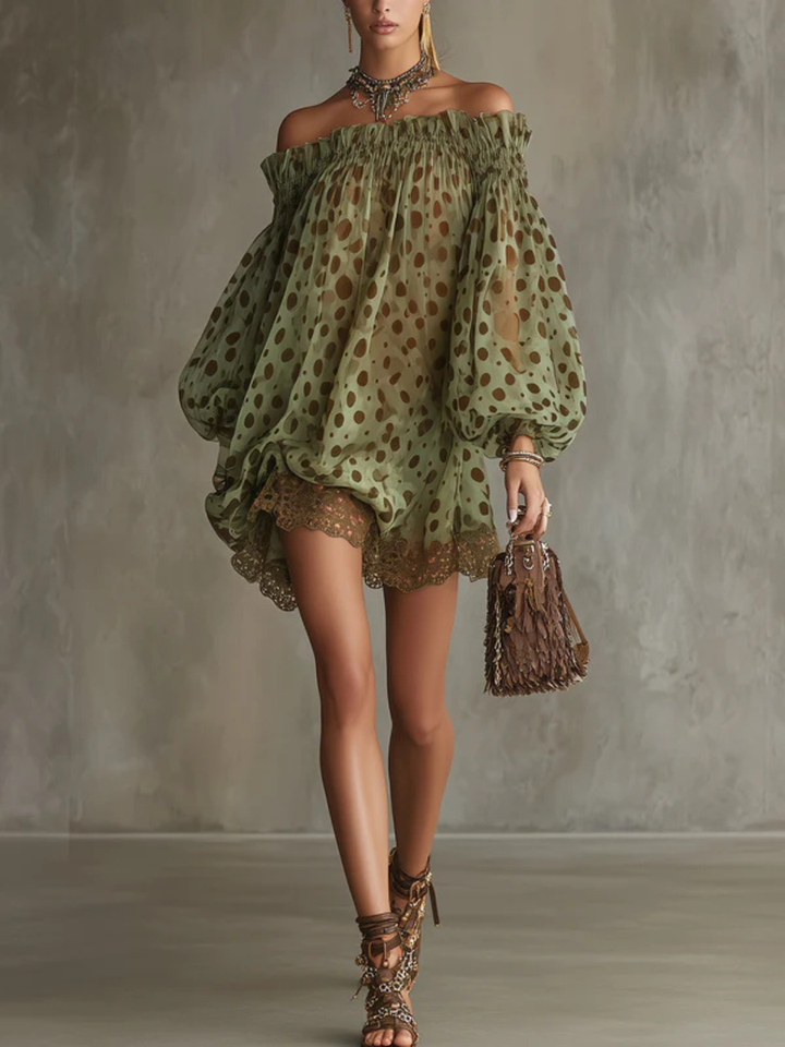 Maribel Olive Print Off-Shoulder Mini Dress