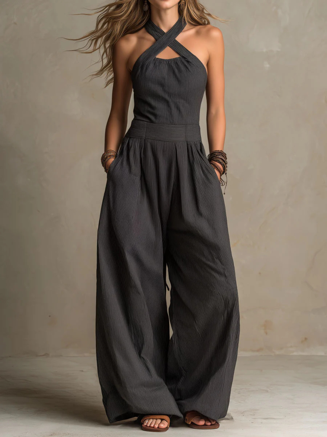 Giulia  Boho Charcoal Crisscross Halter Pinstripe Wide-Leg Jumpsuit