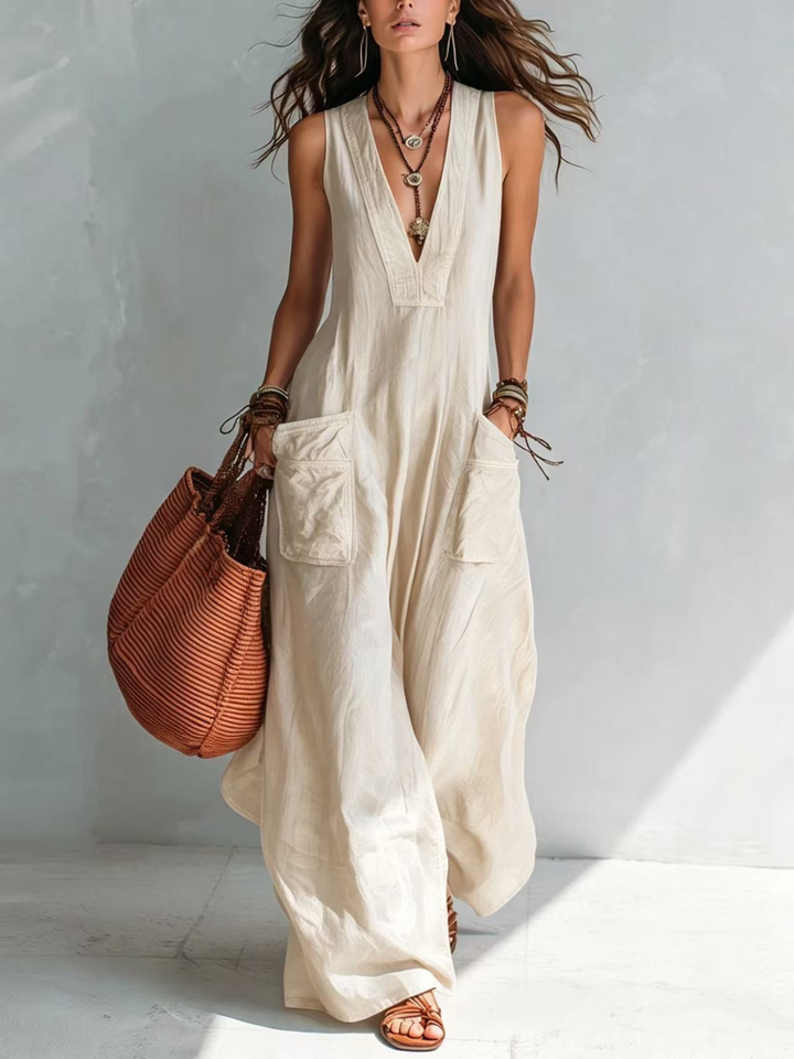Carmen Bohemian style Wide leg Jumpsuit With Practical Pockets - Ivory