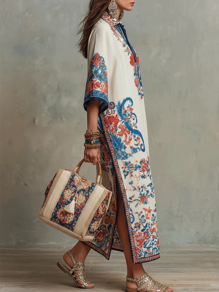 Florence Ivory Blue Embroidered Kaftan Dress