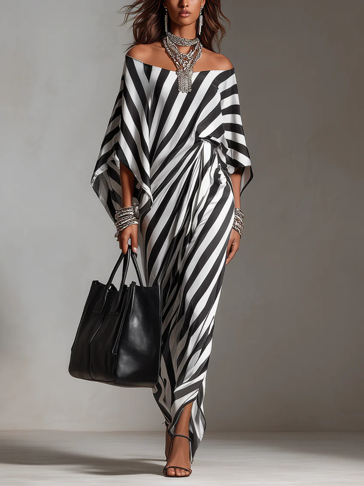 Vivienne Statement Monochrome Stripe Asymmetric Maxi Dress
