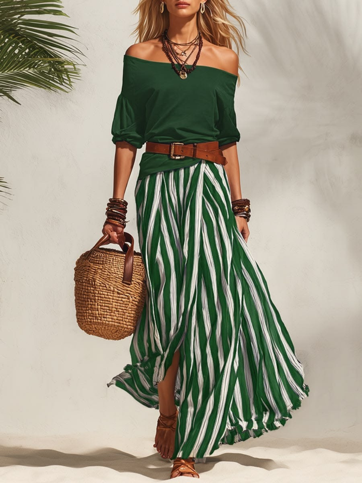 Bella Black Stripe Off-Shoulder Skirt Set