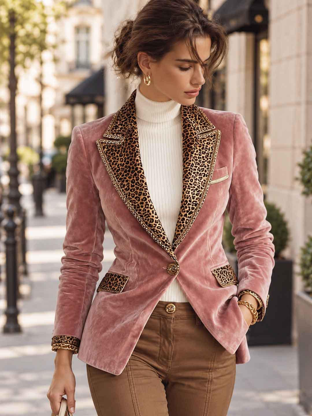 Leonora Contrast-Lapel Velvet Blazer -  Pink