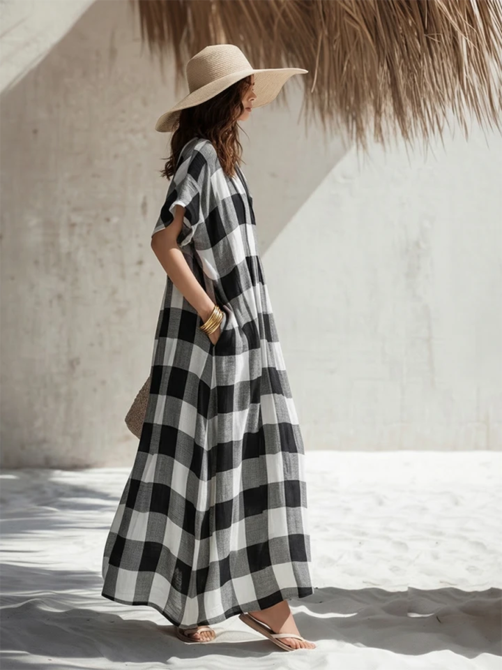 Helena Black White Check Oversized Kaftan Dress