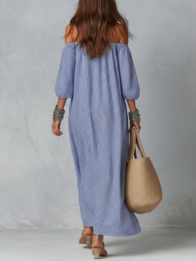 Aurelia Blue Stripe Off-Shoulder Maxi Dress