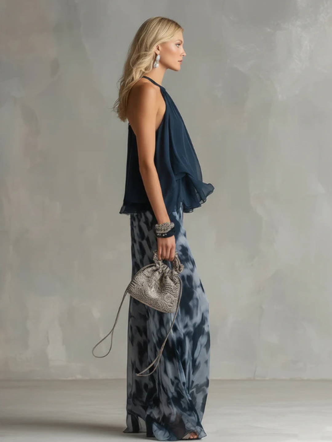 Mila Navy Halter Ruffle Pants Set