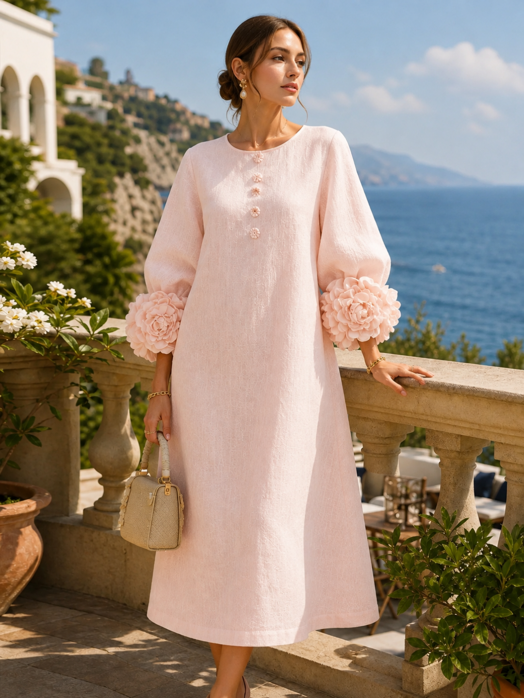 Paloma Puff-Sleeve Button Midi Dress