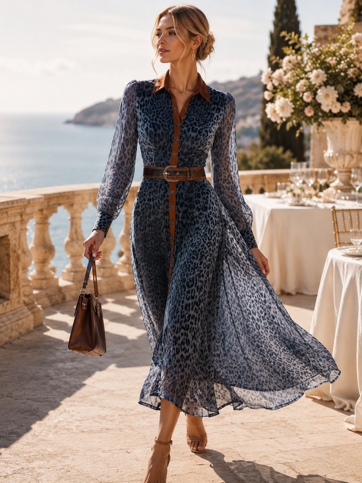 Nerina Navy Animal-Print Belted Maxi Dress