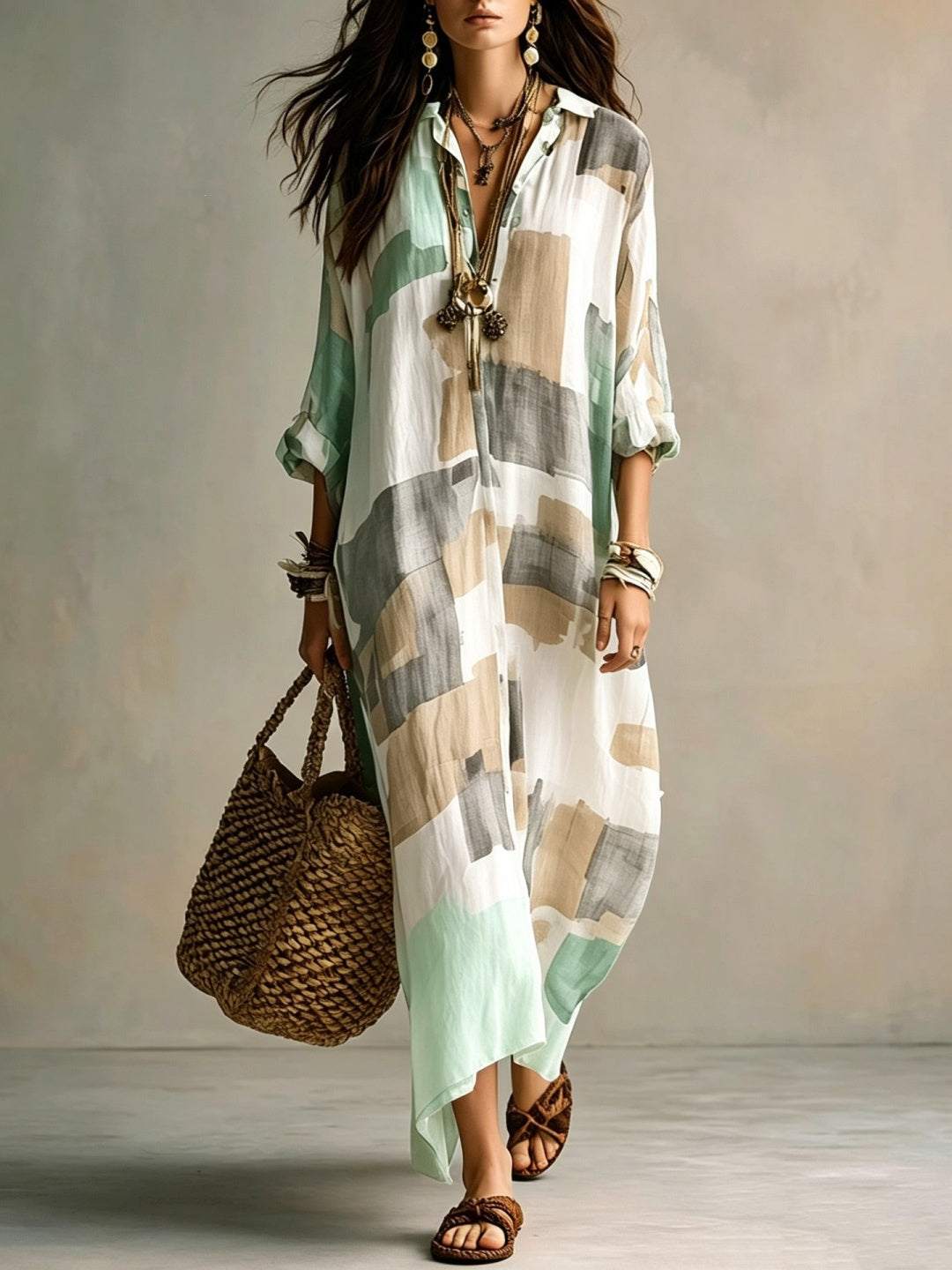 Sienna Striped Resort Cover-Up - Khaki Beige Block Print