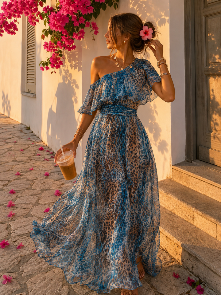 Celeste Blue Leopard One-Shoulder Maxi Dress