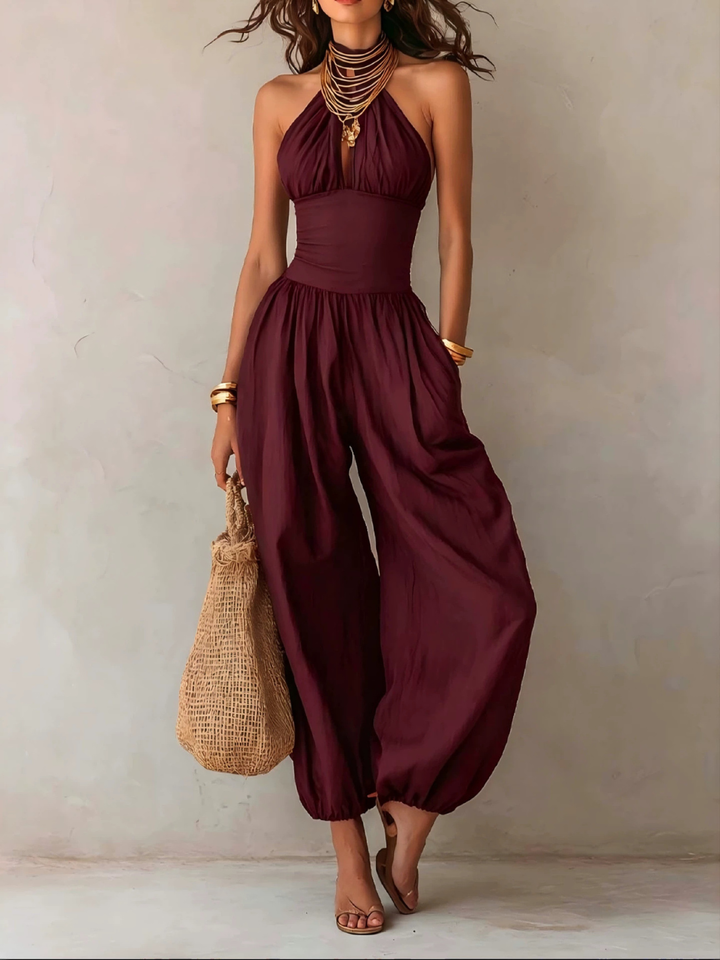 Selene Bohemian Halter Keyhole Balloon-Leg Jumpsuit - White