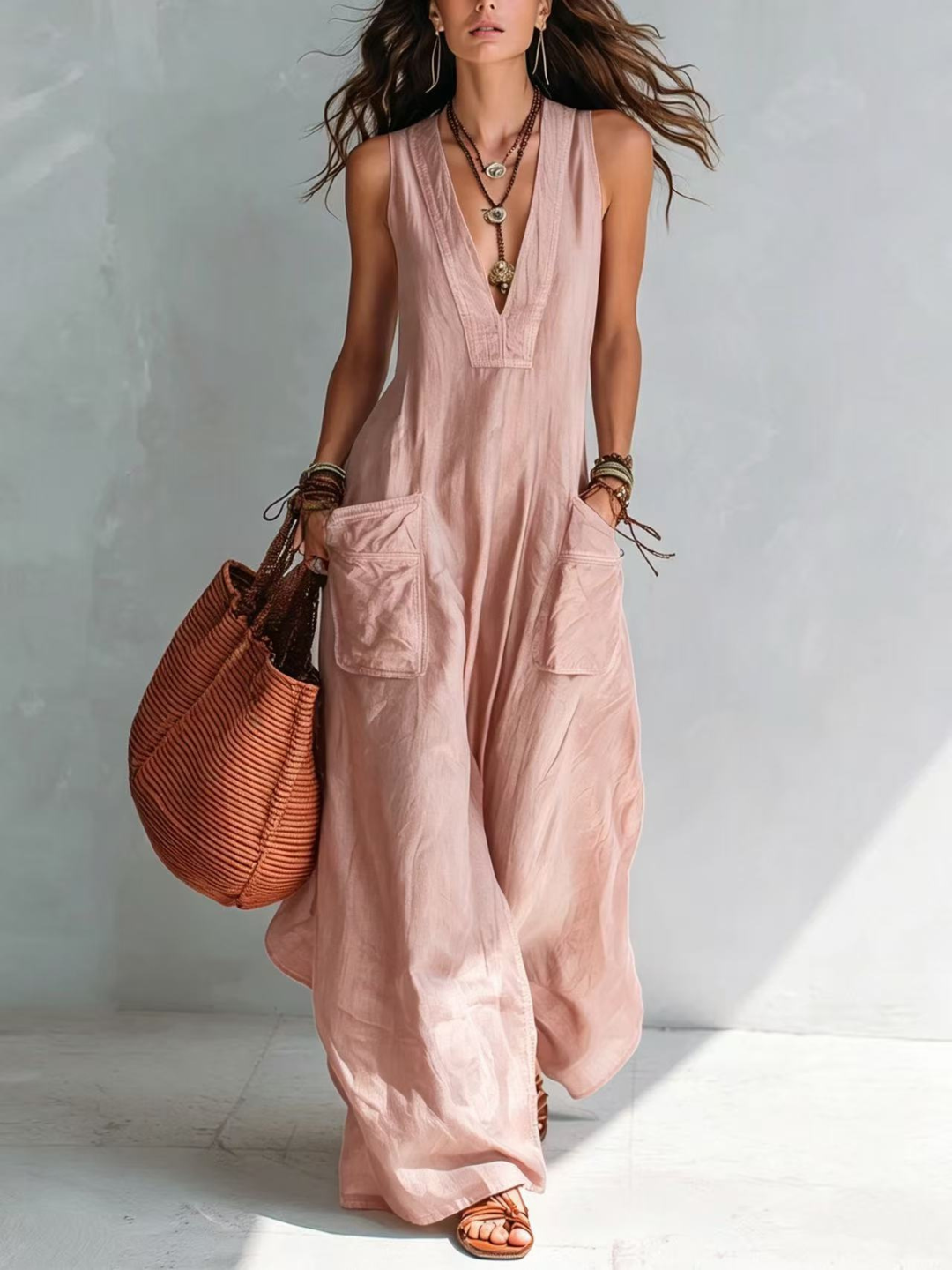 Carmen Bohemian style Wide leg Jumpsuit With Practical Pockets - Ivory