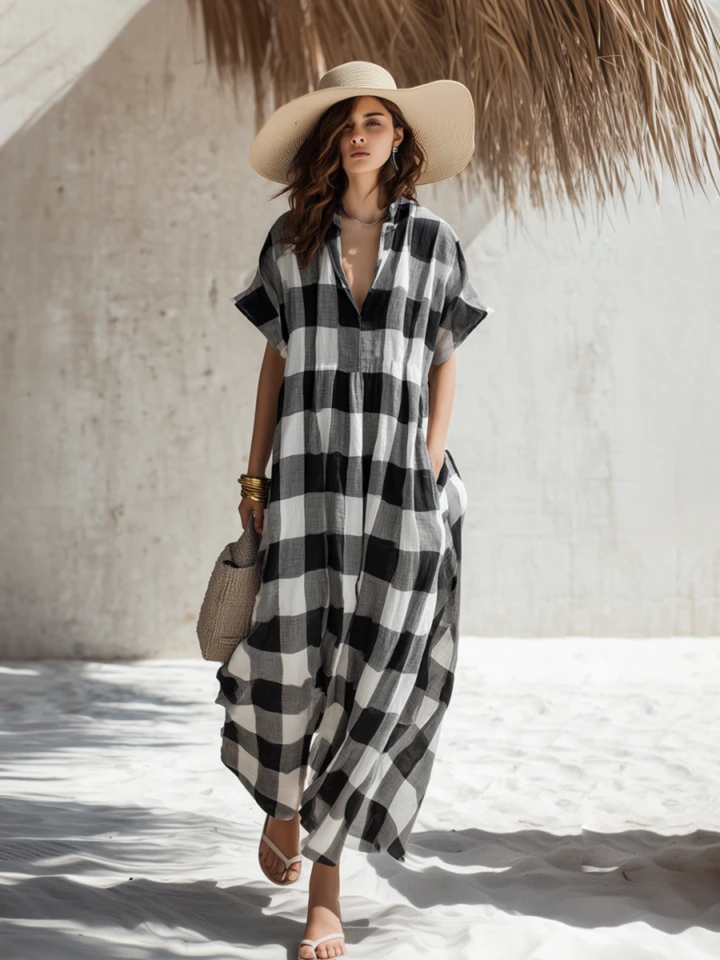 Helena Black White Check Oversized Kaftan Dress