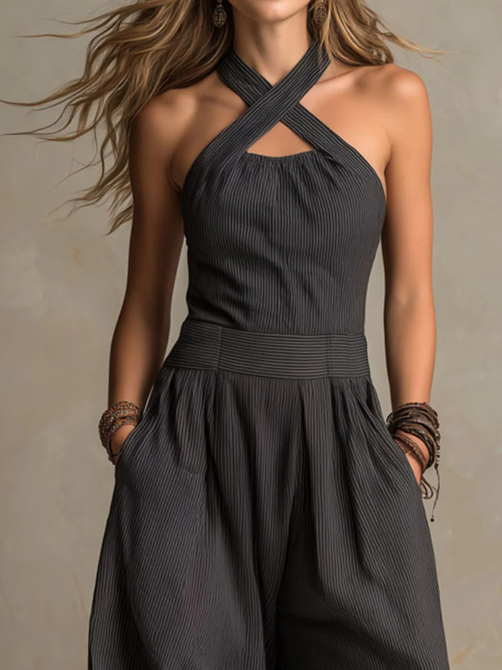 Giulia  Boho Charcoal Crisscross Halter Pinstripe Wide-Leg Jumpsuit