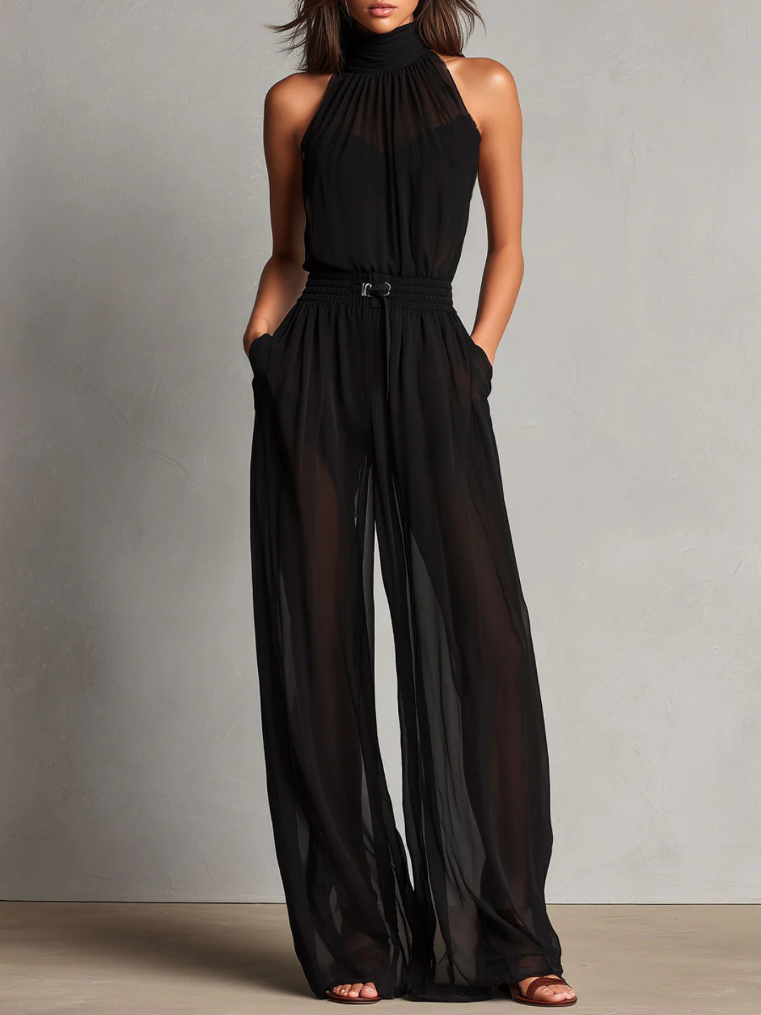 Anika Black Halter Pants Set - White