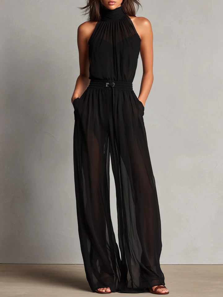 Anika Black Halter Pants Set - White