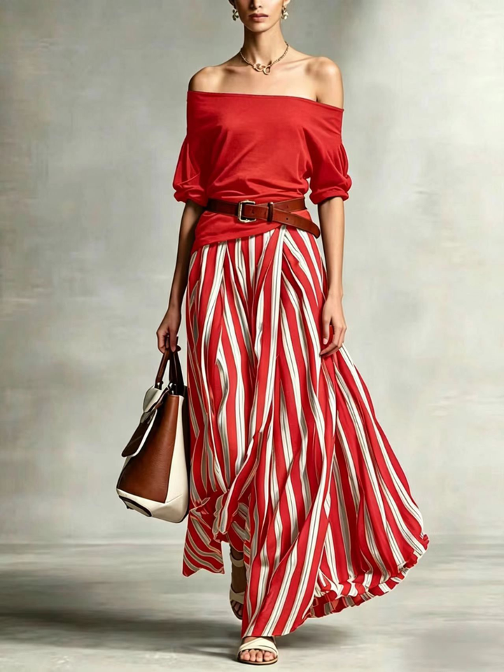 Bella Black Stripe Off-Shoulder Skirt Set