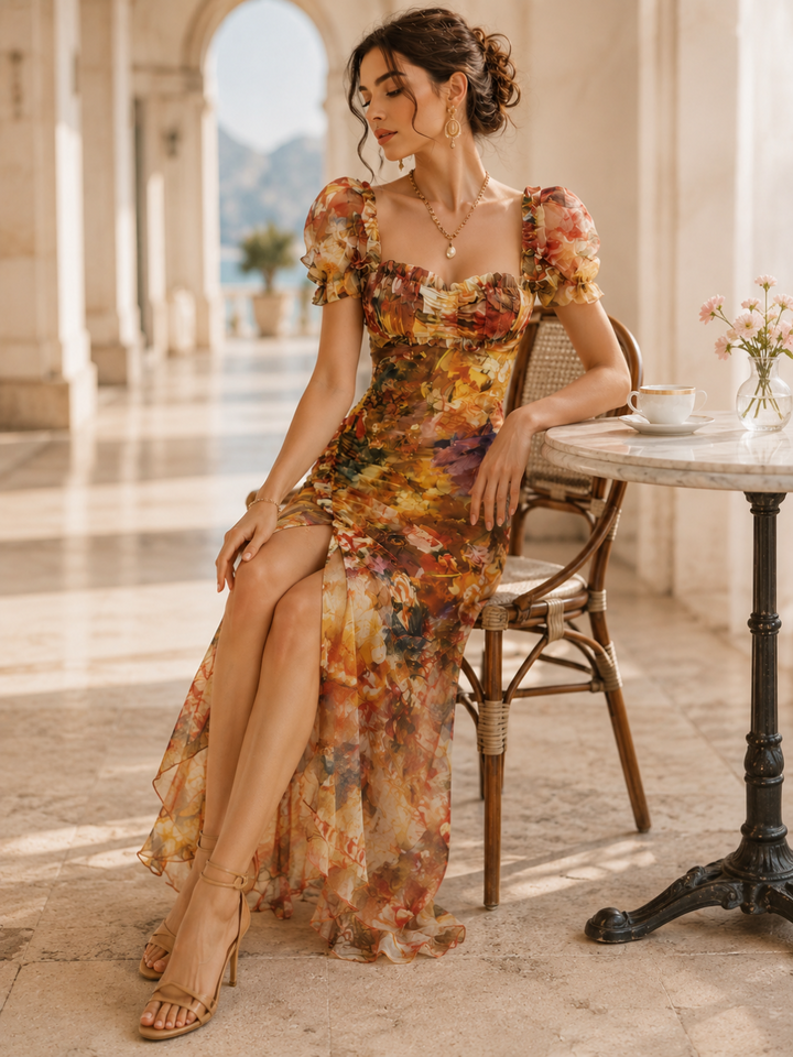 Isola Orange Botanical Puff-Sleeve Maxi Dress