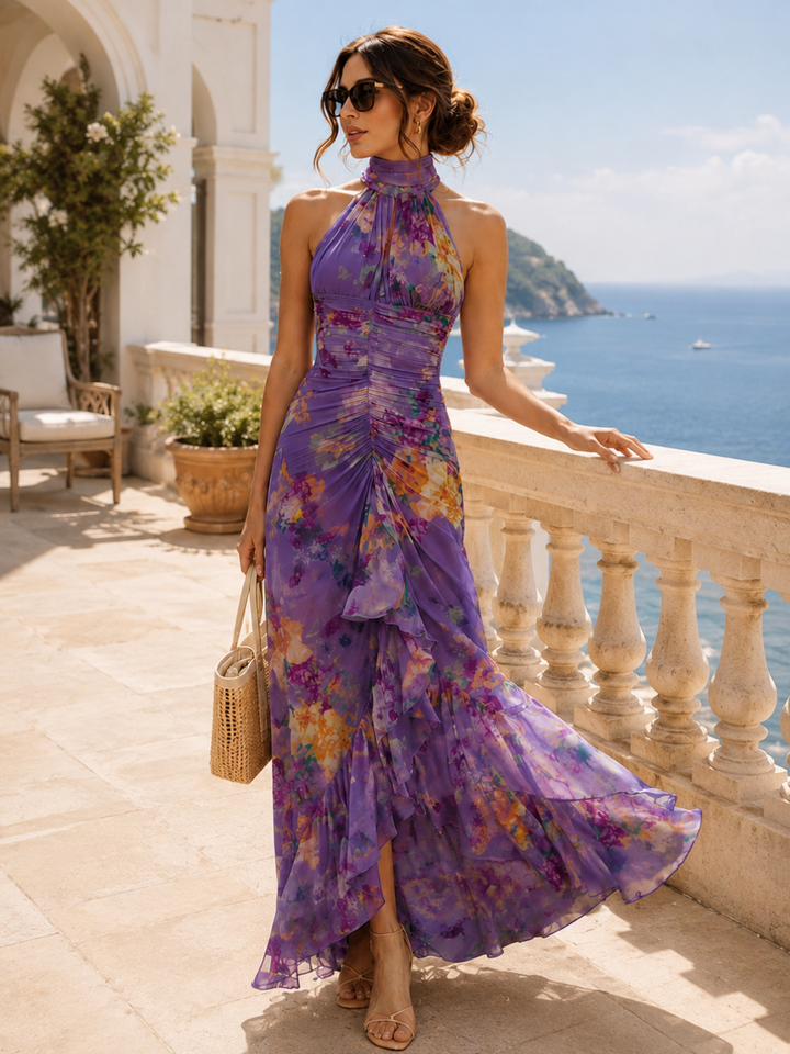 Livia Purple Floral Halter High-Low Maxi Dress