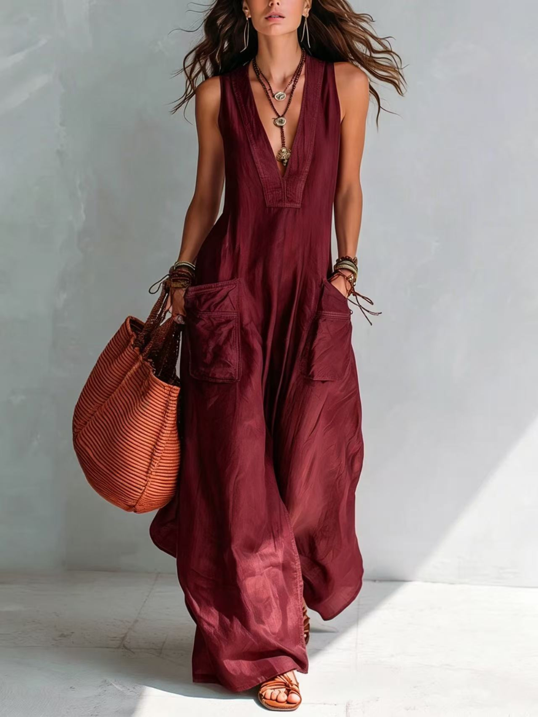 Carmen Bohemian style Wide leg Jumpsuit With Practical Pockets - Ivory
