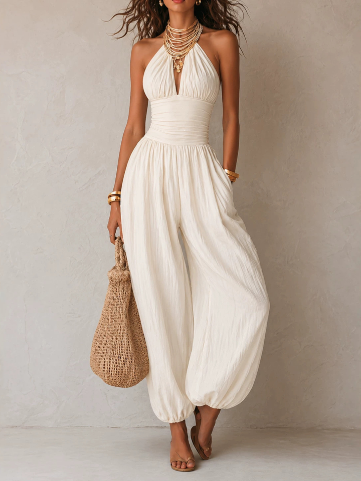 Selene Bohemian Halter Keyhole Balloon-Leg Jumpsuit - White