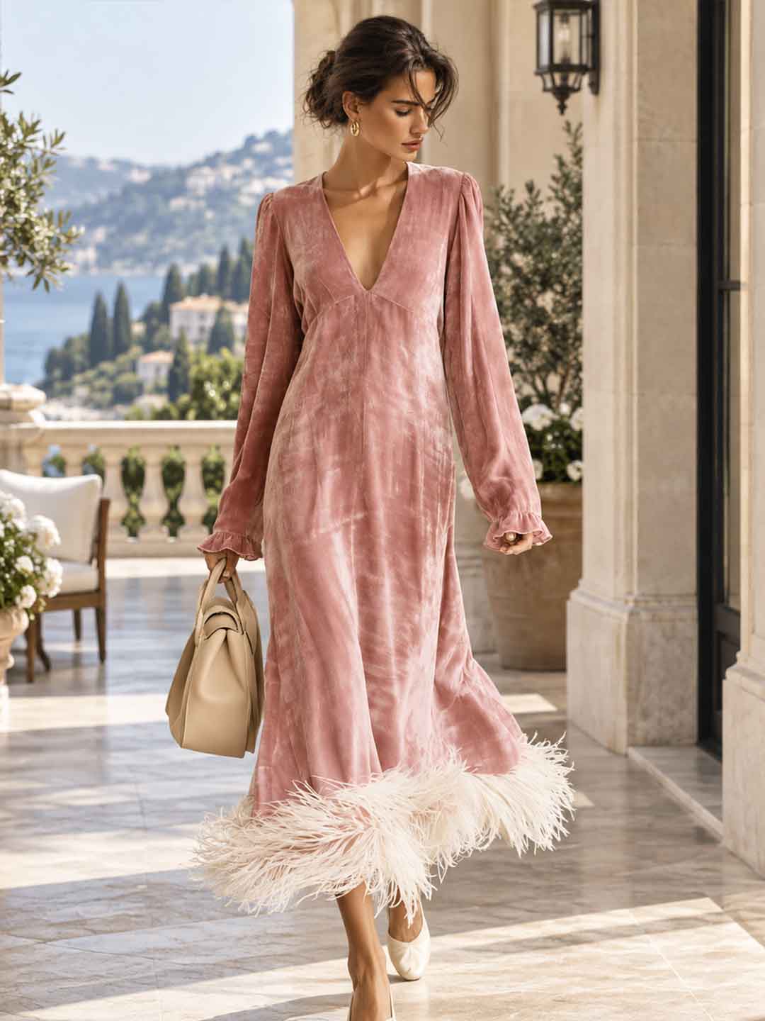 Seraphina Feather-Hem Maxi Dress