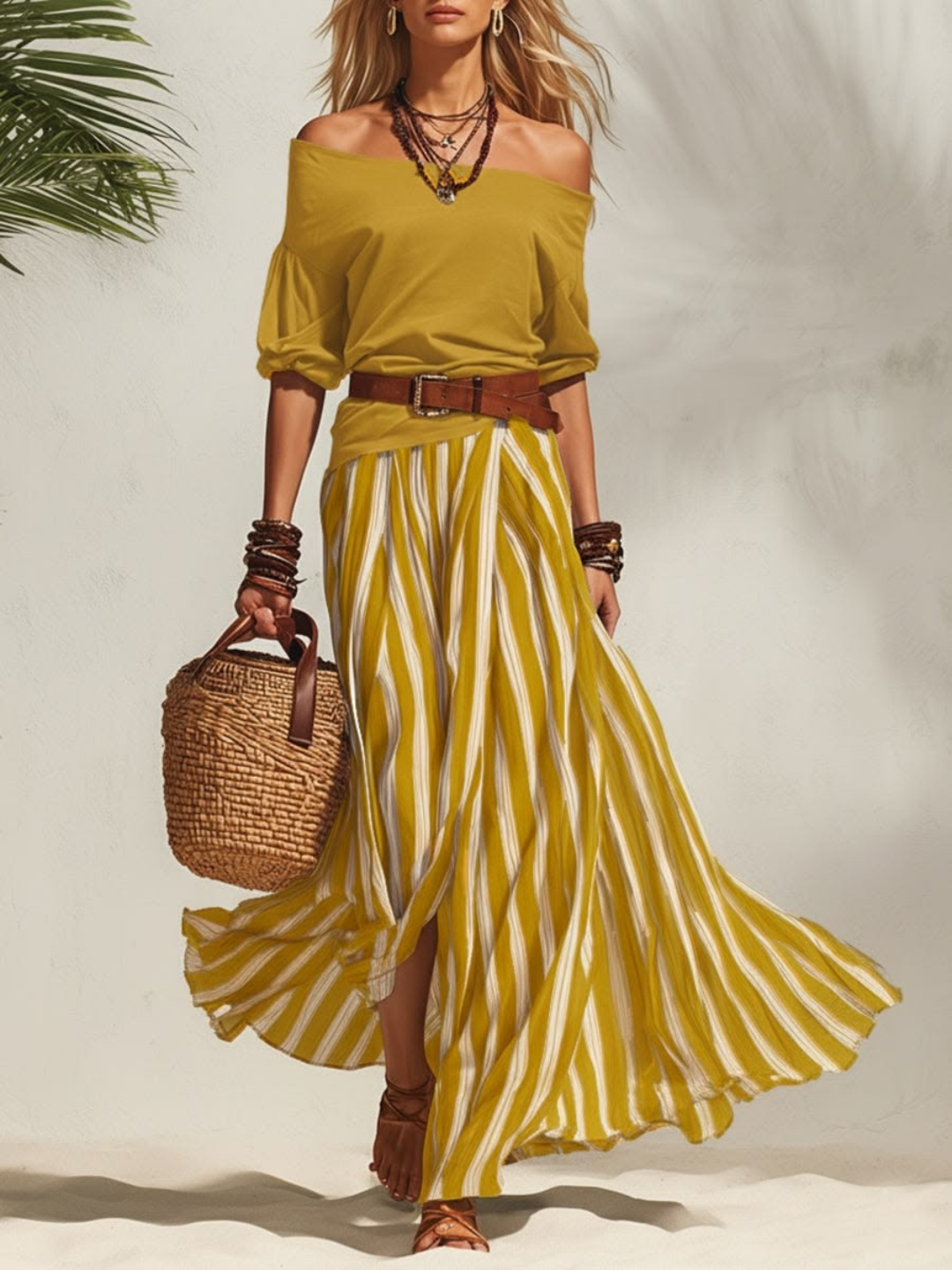 Bella Black Stripe Off-Shoulder Skirt Set