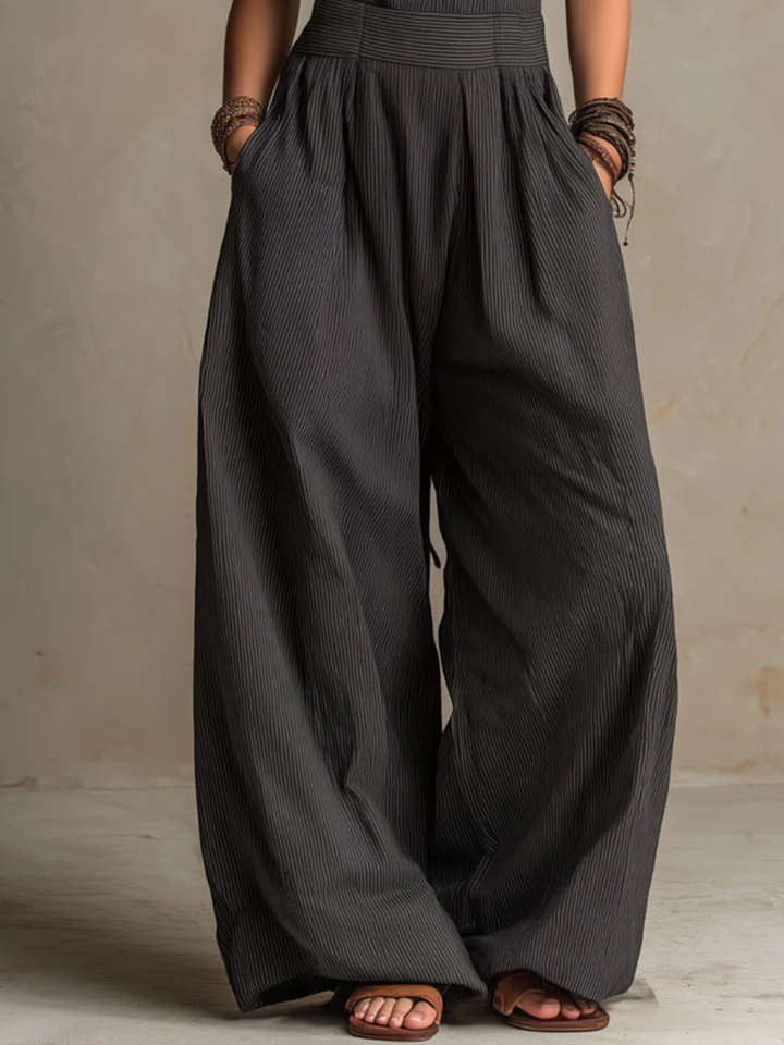 Giulia  Boho Charcoal Crisscross Halter Pinstripe Wide-Leg Jumpsuit