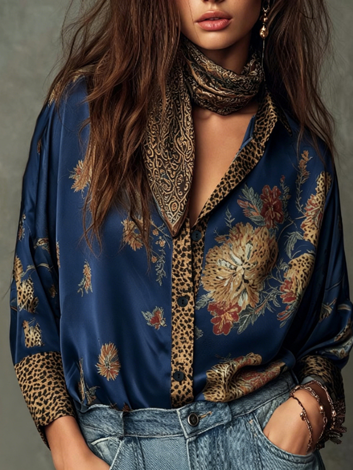 Adriana Sage Floral Satin Resort Blouse