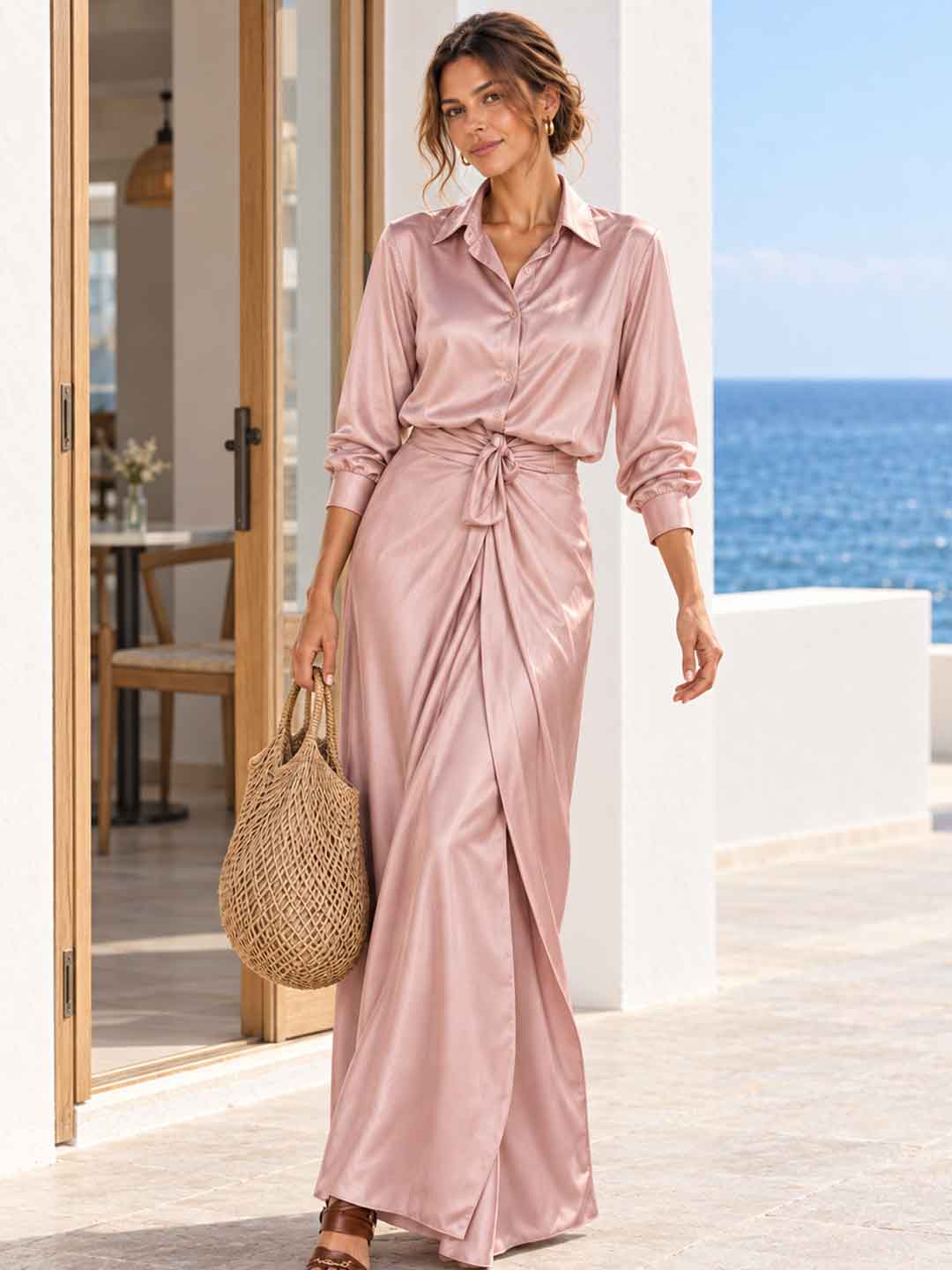 Rosé Ruffle-Front Satin Trouser Set - Burgundy