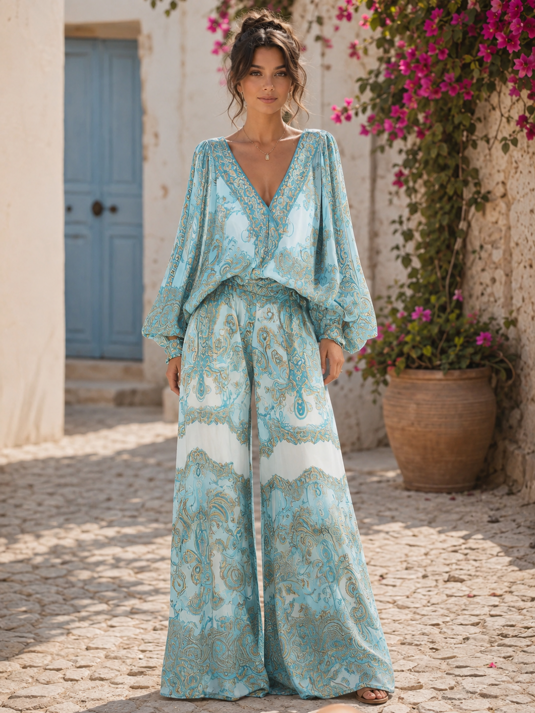 Marina Aqua Botanical Relaxed Pants Set