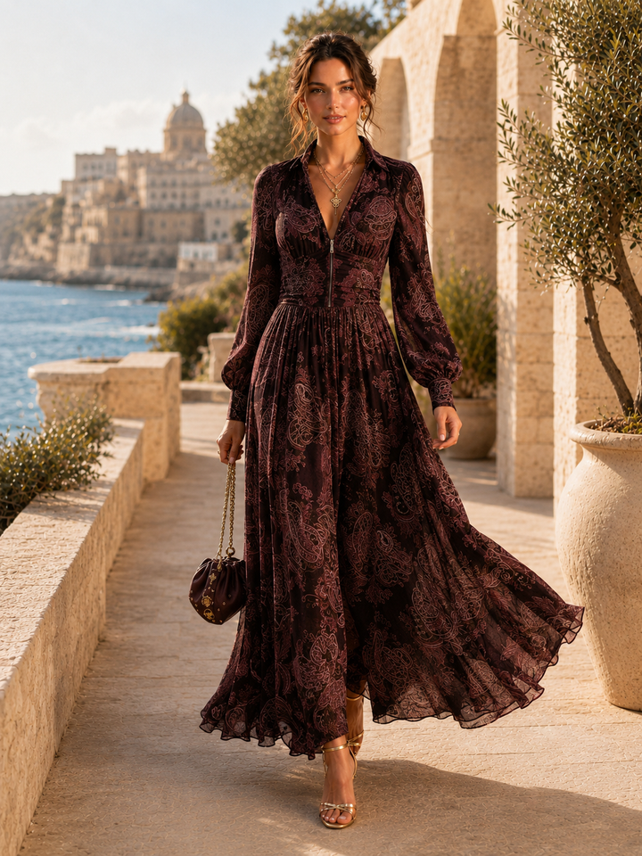 Cora Brown Floral Long-Sleeve Maxi Dress