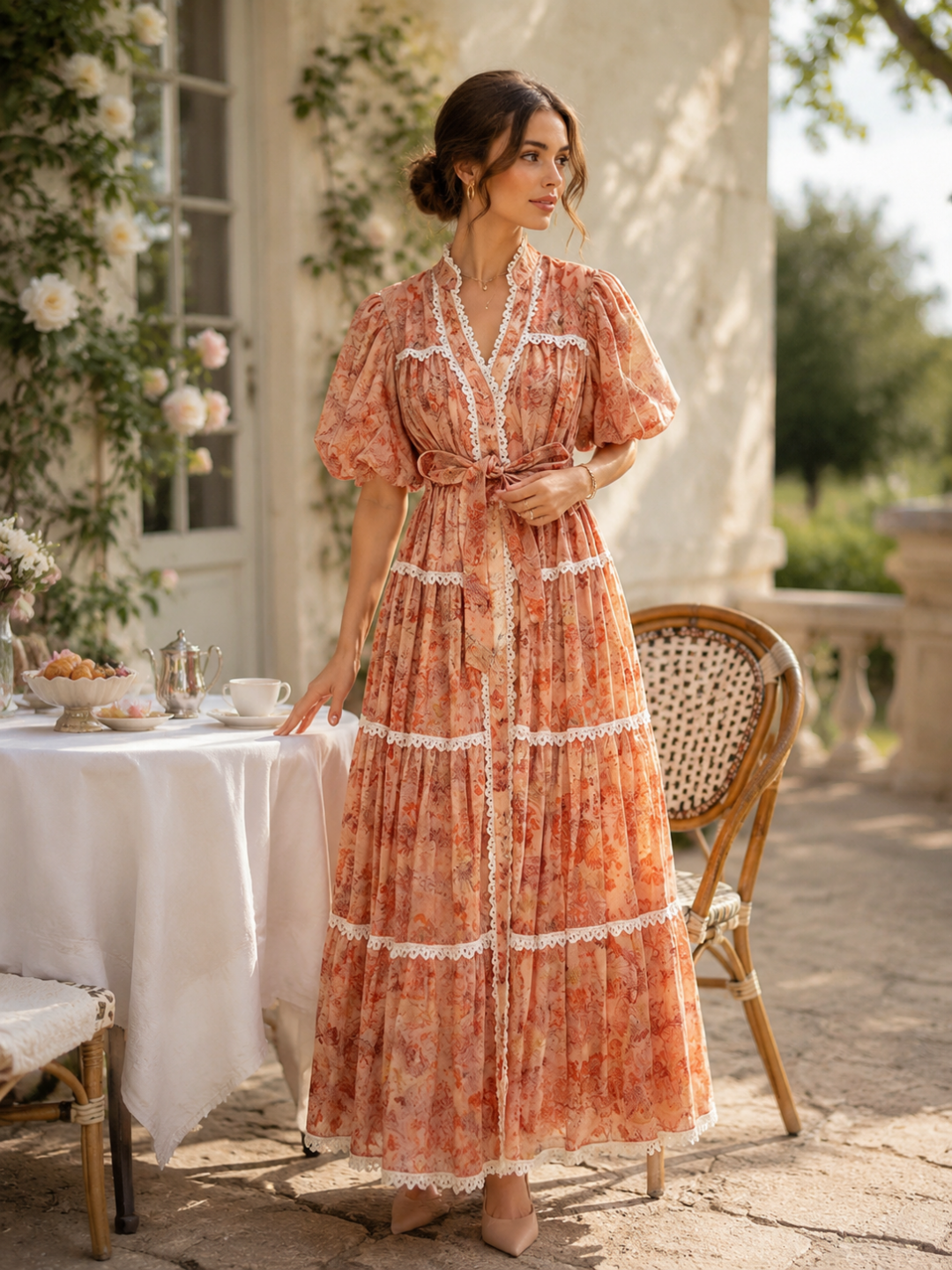 Alessia Embroidered Lace-Trim Maxi Dress - Orange