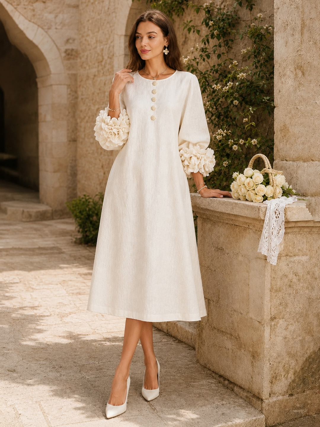 Paloma Puff-Sleeve Button Midi Dress