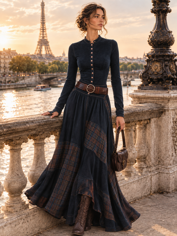 Noa Navy Plaid-Panel Button Maxi Dress