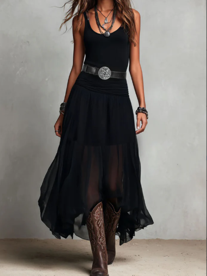 Isla Black Tiered Midi Dress