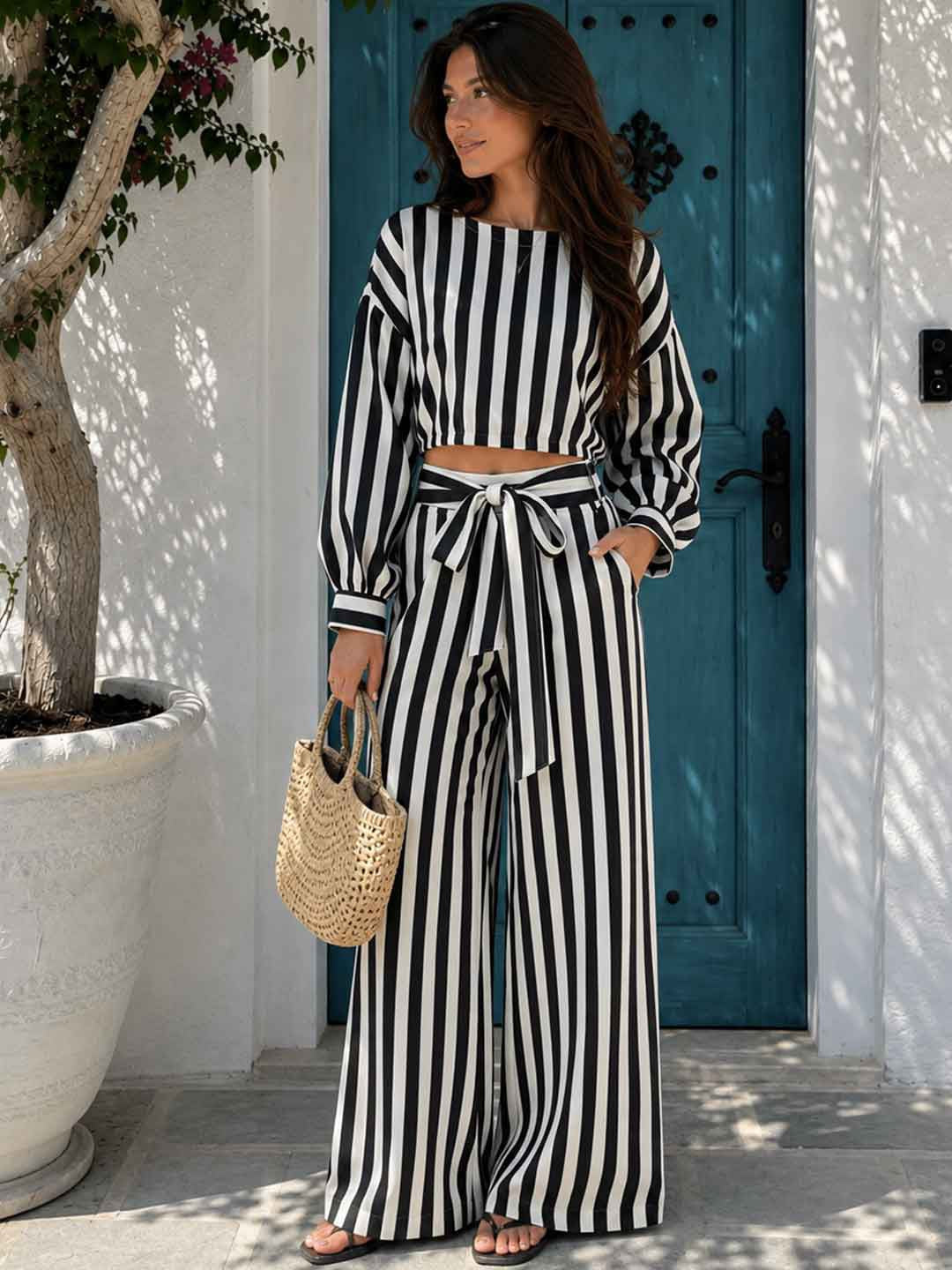 Capri Sky Stripe Belted Wide-Leg Jumpsuit