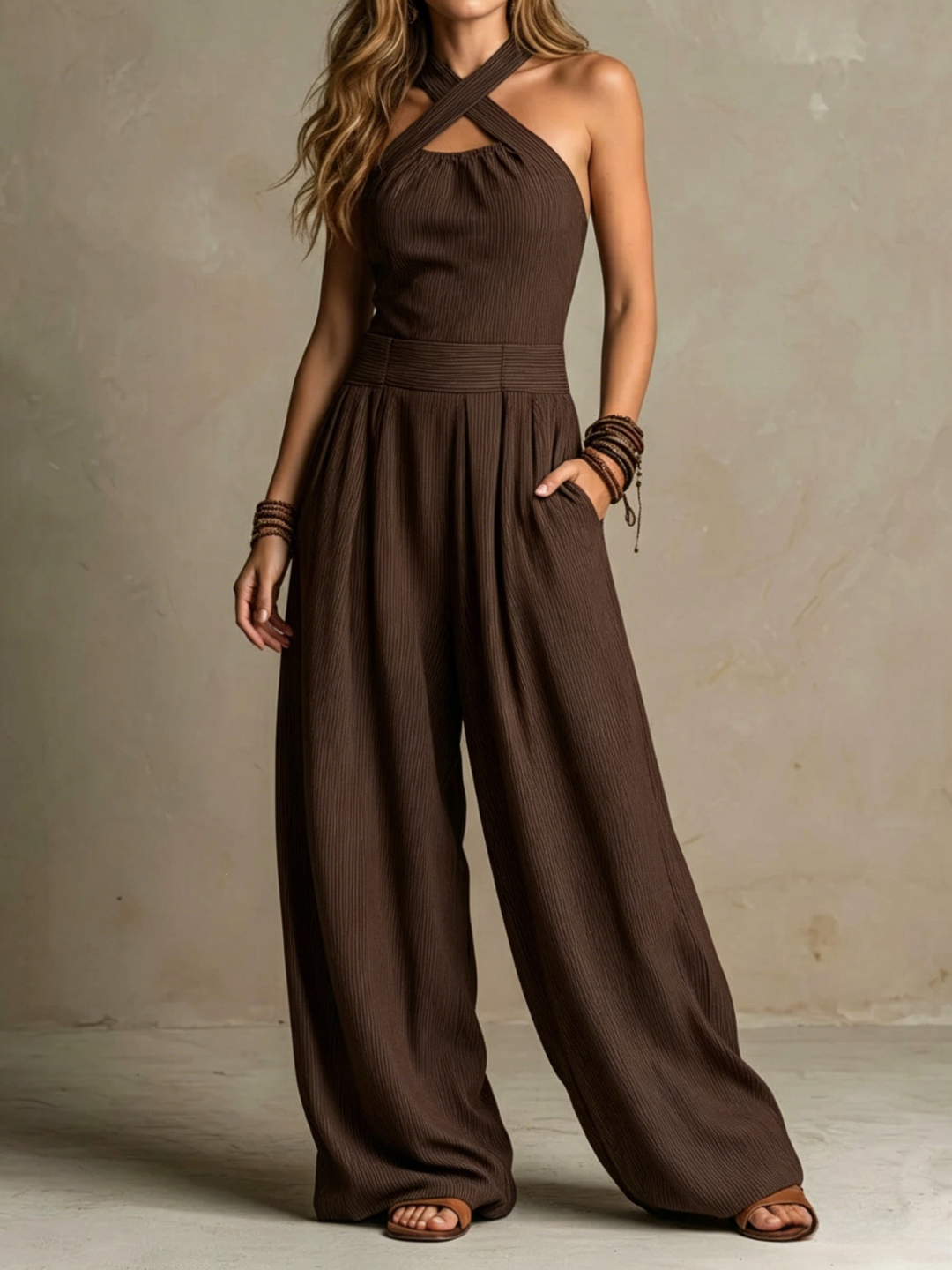 Giulia  Boho Charcoal Crisscross Halter Pinstripe Wide-Leg Jumpsuit