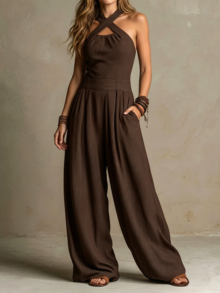 Giulia  Boho Charcoal Crisscross Halter Pinstripe Wide-Leg Jumpsuit