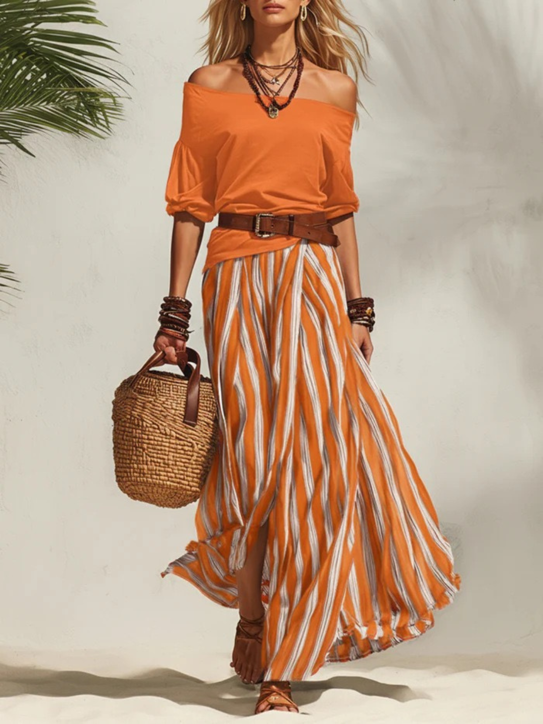 Bella Black Stripe Off-Shoulder Skirt Set