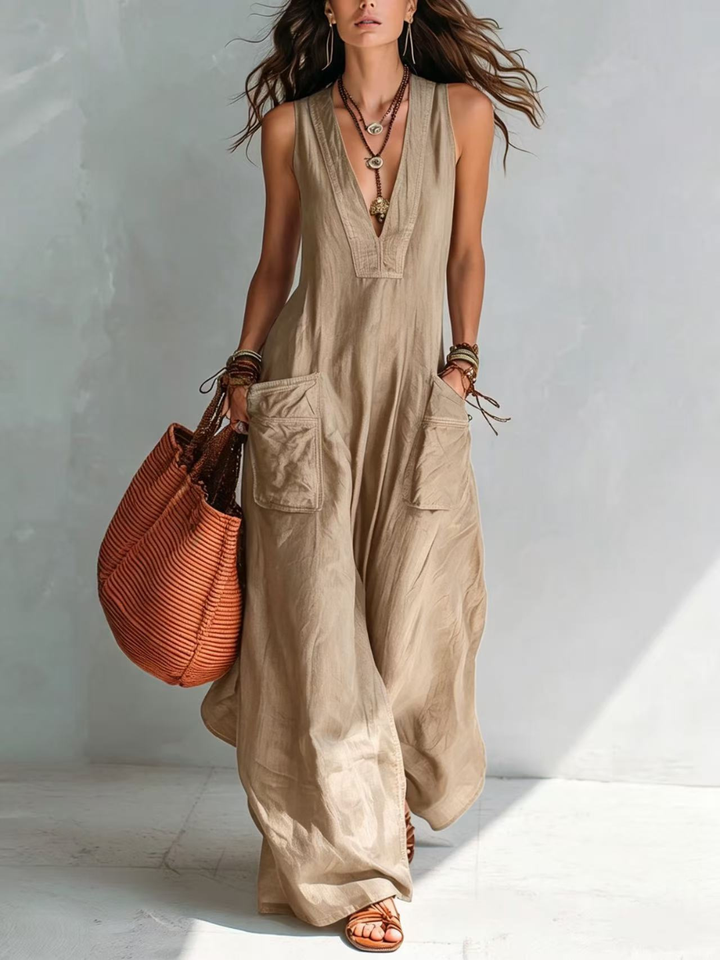 Carmen Bohemian style Wide leg Jumpsuit With Practical Pockets - Ivory