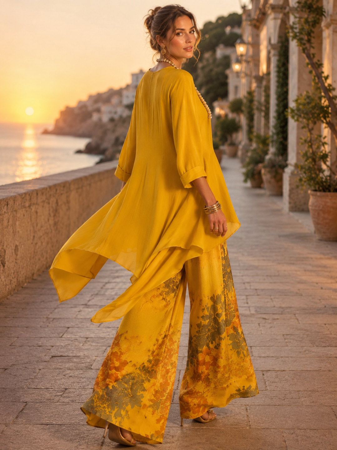 Soleil Blue Tunic and Floral Harem-Pant Set