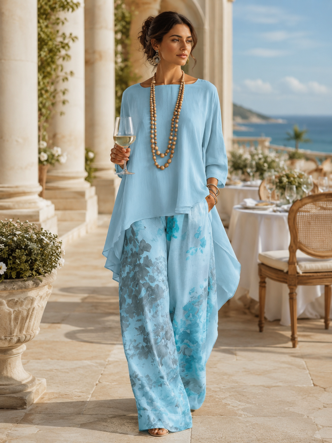 Soleil Blue Tunic and Floral Harem-Pant Set